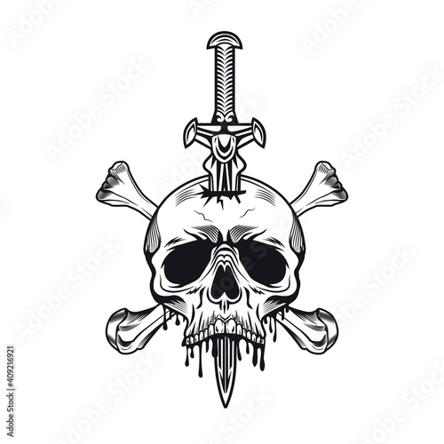 Dagger tattoo design. Monochrome element with knife, skull, cross bones vector illustration in vintage style. Blade weapon concept for symbols or emblems templates