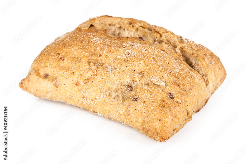 Fresh wholemeal roll isolated on a white background. View from another angle in the portfolio.