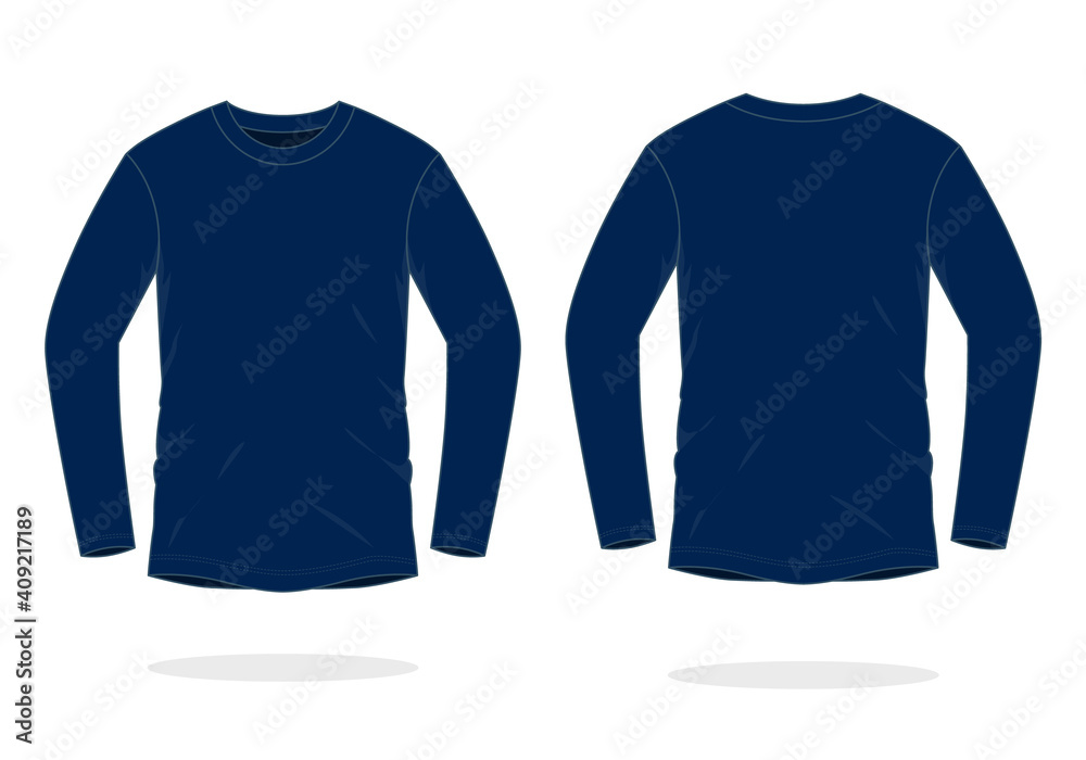 Blank Navy Blue Long Sleeve T-Shirt Template On White Background.Front And  Back View., Vector File Stock Vector