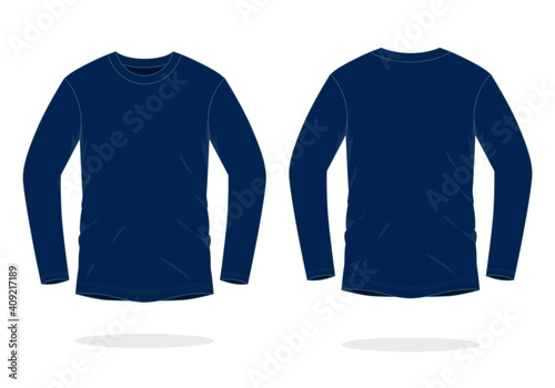 Blank Navy Blue Long Sleeve T-Shirt Template on White Background. Front and Back Views, Vector File.