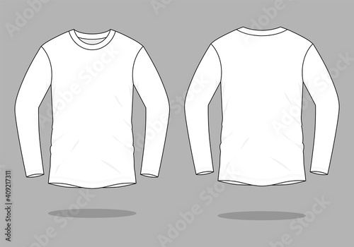Blank White Long Sleeve T-Shirt Template on Gray Background. Front and Back Views, Vector File.