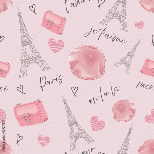 lovely pink parisian style pattern with words and thematic objects