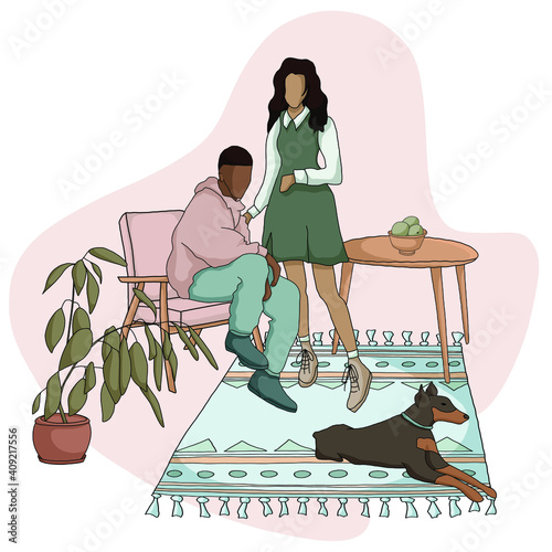 Foto Couple boy and girl with dog at home