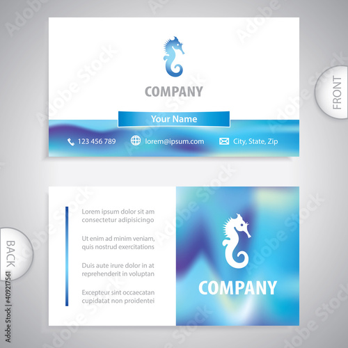 Business card template. Symbol of seahorse. Seafood shop and restaurant. Aquarium fish. Concept for business with sea animals.