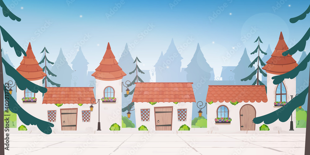 Provincial town. Fairy houses. Cartoon style. Vector illustration