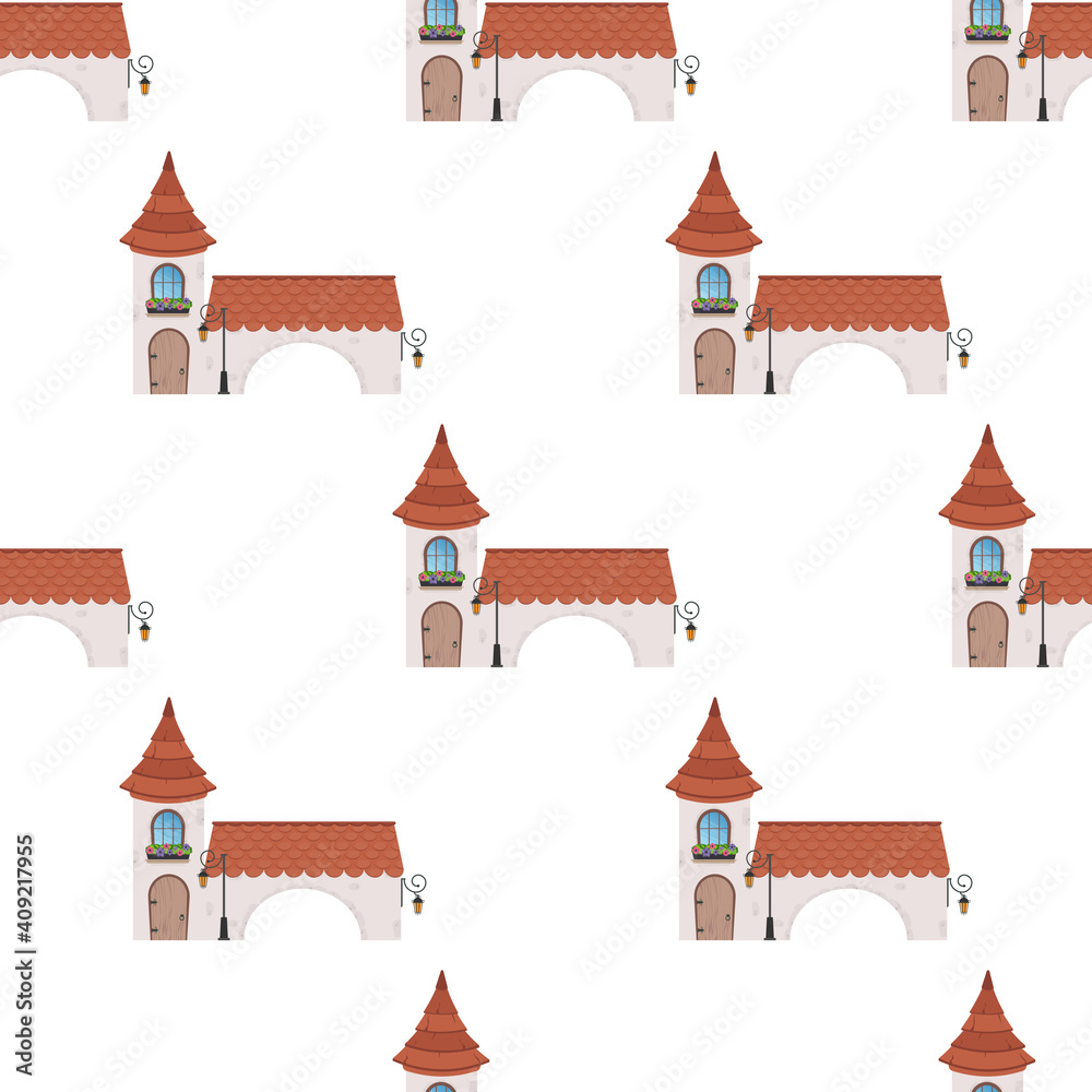 Seamless pattern with vintage building. Endless background. Suitable for wrapping paper, cards and books. Vector illustration.