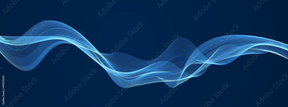 Vector abstract background with wave of flowing particles over dark, smooth curve shape lines, particle array flow. 3d shape glowing dots blended mesh, technology relaxing wallpaper.