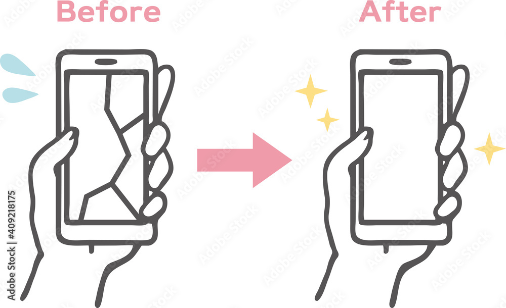 画面にひびの入ったスマホの修理前後のビフォーアフターイラスト素材 Stock Vector Adobe Stock
