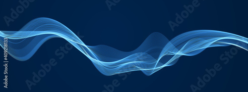 Vector abstract background with wave of flowing particles over dark, smooth curve shape lines, particle array flow. 3d shape glowing dots blended mesh, technology relaxing wallpaper.