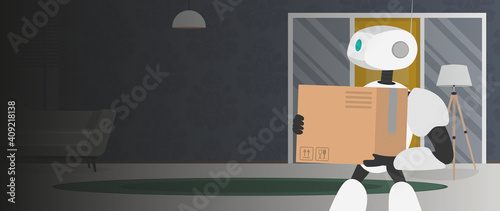 A loader robot is holding a box. Home delivery concept. Banner with space for text.