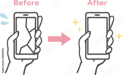 画面にひびの入ったスマホの修理前後のビフォーアフターイラスト素材