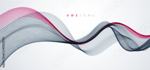 Wave line of flowing particles abstract vector background, smooth curvy shape dots fluid array. 3d shape dots blended mesh, future technology relaxing wallpaper.