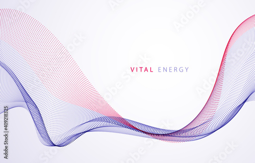 Sound wave, particles flow, effect in motion. dynamic vector abstract background. 3d shape dots blended mesh, future technology relaxing wallpaper.