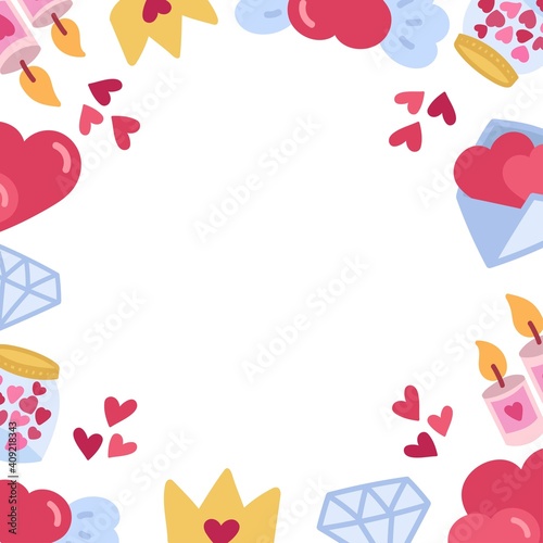 Love doodle frame with valentine elements. Lovely background for text. Vector hand drawn illustration