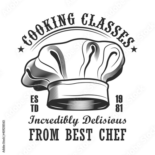 Cooking lesson label design. Monochrome element with chiefs cap vector illustration with text. Workshop and course from chef concept for stamps and emblems templates