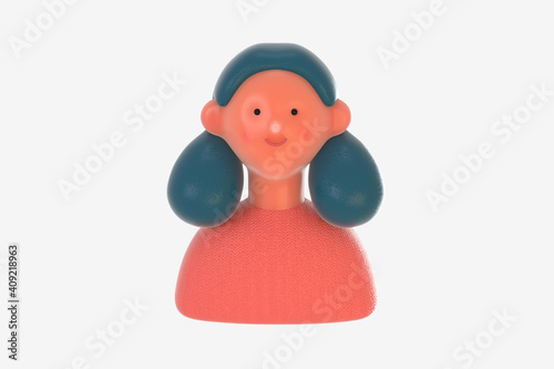 3D Bright people portrait - 3D render design concept illustration of a plastuc doll of a young woman, face and shoulders avatar. User picture volumetric icon
