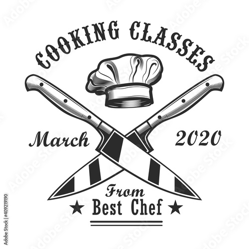Cooking classes invitation card design. Monochrome element with chiefs cap, crossed knives vector illustration with text. Workshop and course from chef concept for stamps and emblems templates