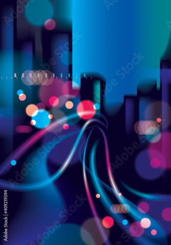 Big city nightlife with street lamps and bokeh blurred lights. Effect vector beautiful background. Blur colorful dark background with cityscape, buildings silhouettes skyline.