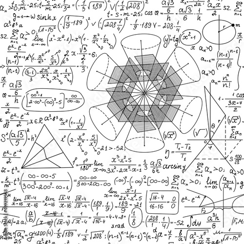 Math vector seamless texture with handwritten algebra and geometry formulas, calculations and functions	
