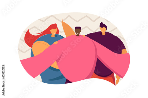 Happy group of friends taking selfie on mobile phone flat vector illustration. Cartoon young people smiling friendly for photo portrait. Friendship and digital technology concept