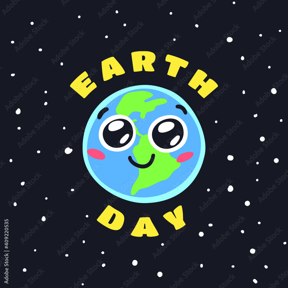 Fototapeta premium Set of Hand Drawn Emoji Childish Illustration Our Home in Cosmos. Vector Drawing Planet Earth in Space. Cartoon Solar System object Emoticon