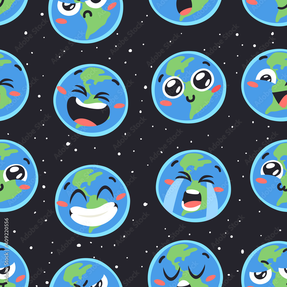 Set of Hand Drawn Emoji Childish Illustration Our Home in Cosmos. Vector Drawing Planet Earth in Space. Cartoon Solar System object Emoticon