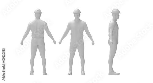 3D rendering of a construction worker model front side and rear view.