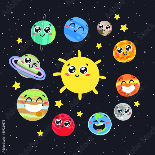 Hand Drawn Seamless Pattern with Childish Illustration Cosmos. Vector Drawing Planet  Star and Satellite in Space. Cartoon Solar System object