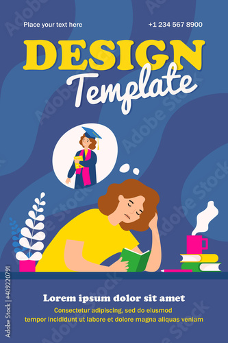 Tired woman learning for sake of diploma. Book, coffee, student flat vector illustration. Education and homework concept for banner, website design or landing web page