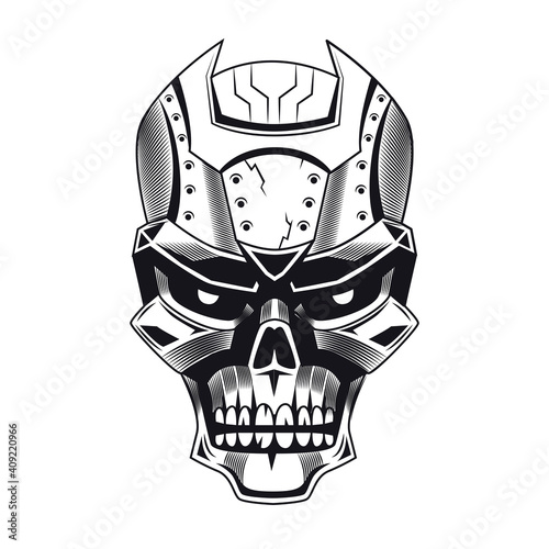 Cyborg skull emblem design. Monochrome element with aggressive humanoid machines head vector illustration. Robotics concept for symbols or tattoo templates