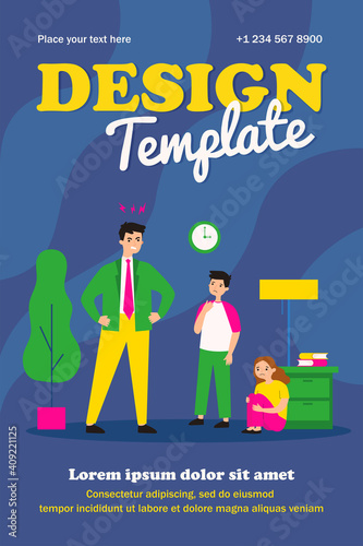 Angry father scolding his children. Quarrel, sadness. Flat vector illustration. Parenthood and upbringing concept can be used for presentations, banner, website design, landing web page