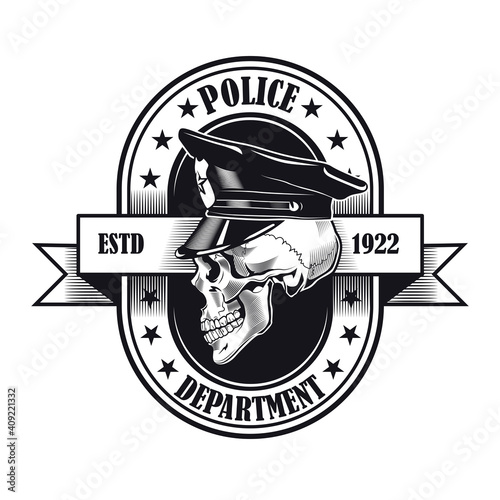 Black skull wearing policeman cap sticker vector illustration. Vintage label for police department. Law and order concept can be used for retro template, banner or poster