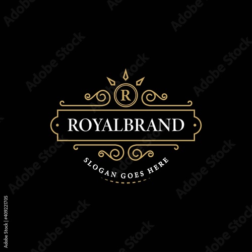 Vintage emblem. Calligraphy logotype template with trident. Sign for Restaurant, Royalty, Jewelry, Boutique, Cafe, Hotel. Vector illustration