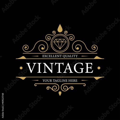 Vintage emblem. Calligraphy logotype template with trident. Sign for Restaurant, Royalty, Jewelry, Boutique, Cafe, Hotel. Vector illustration