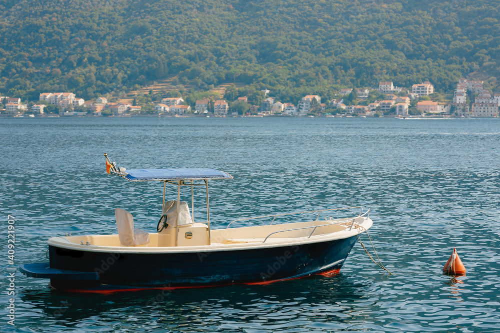 Close-up of a fishing motor boat on calm water near the shore with cottages.