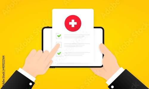 Medical survey online illustration. Hand holding tablet with medical form list with results data and approved check mark. Clinical checklist document. Vector EPS 10