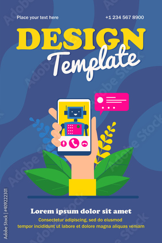 Cartoon hand holding smartphone with robot. Call, contact, phone flat vector illustration. Communication and digital technology concept for banner, website design or landing web page