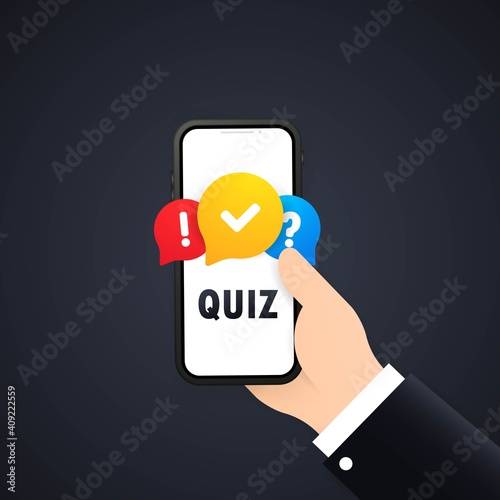 Quiz banner. Hand holding phone with message box with question mark icon. Vector on isolated white background. EPS 10