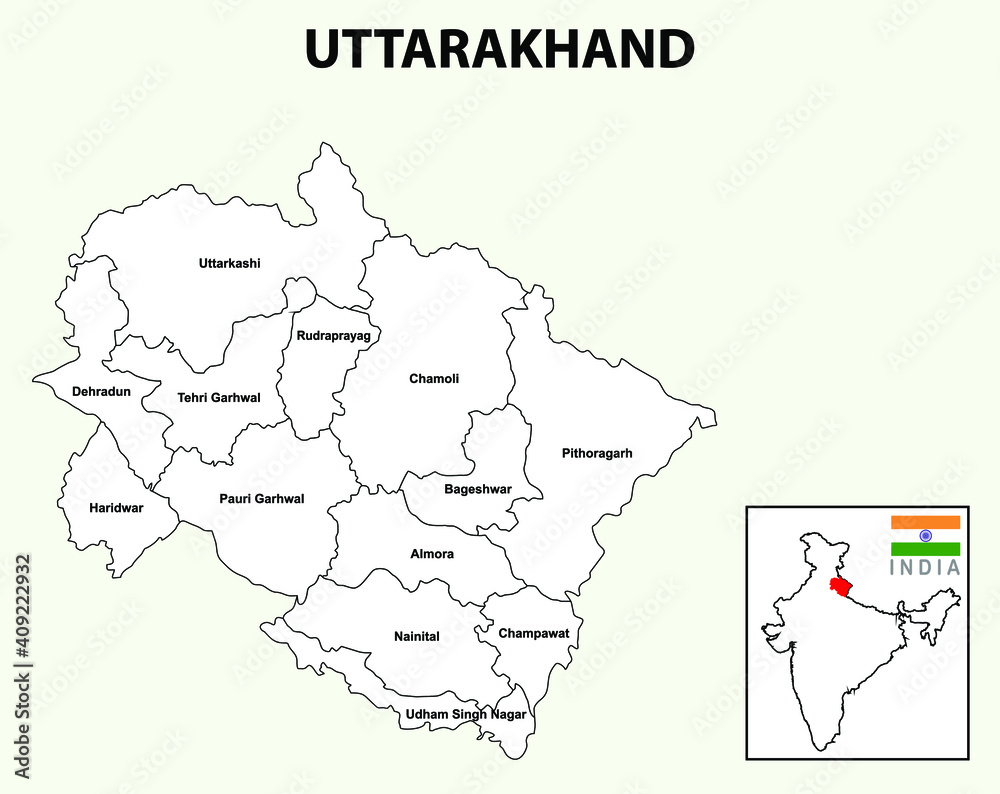 Uttarakhand map. Highlight Uttarakhand map on the India map with a