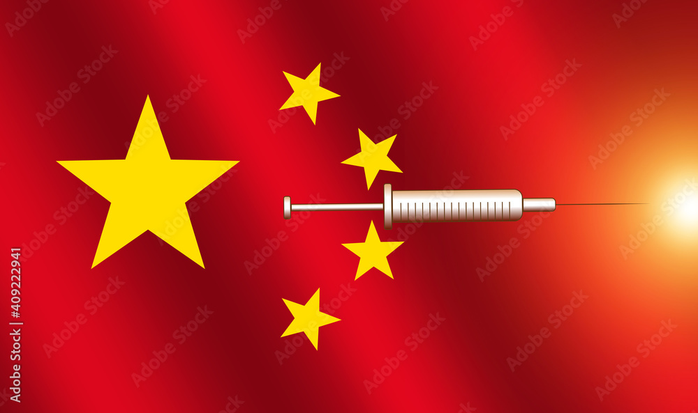 Chinese flag stars on red background with covid vaccine syringe poised like a missile