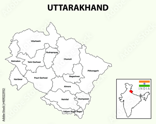 Uttarakhand map. Highlight Uttarakhand map on the India map with a boundary line. Uttarakhand district map white color.
