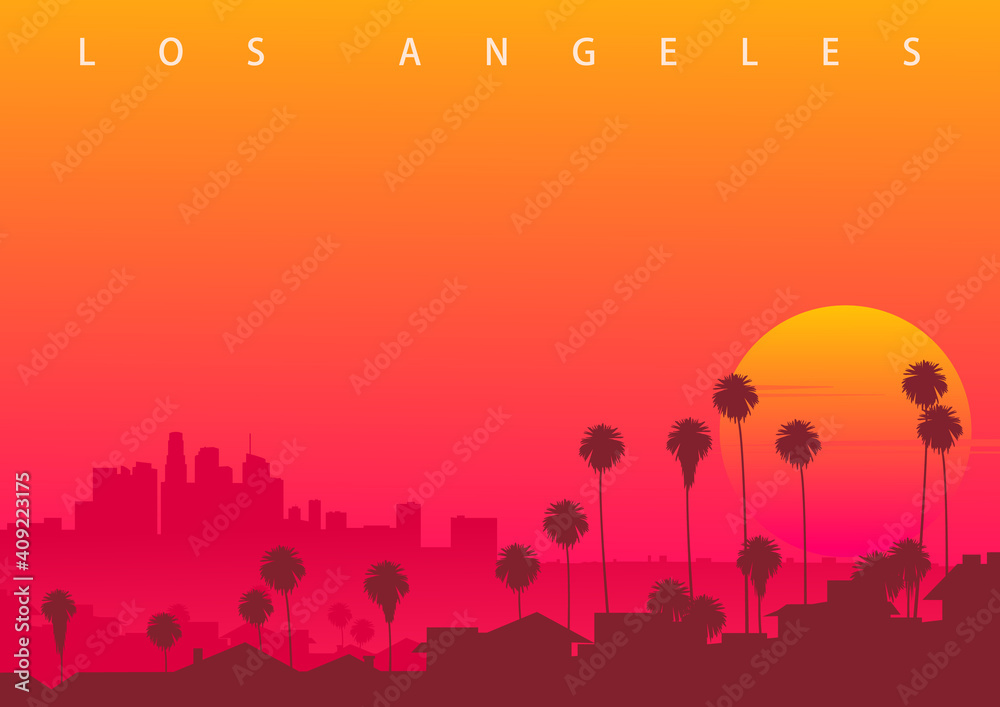 Los Angeles skyline, CA, USA. Symbolic illustration with the sunset over downtown LA. (original not derived image) - obrazy, fototapety, plakaty 