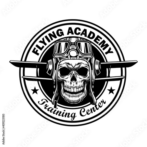 Flying academy stamp design. Monochrome element with skull in pilot helmet, plane wings vector illustration with text. Pilot training school concept for labels and emblems templates