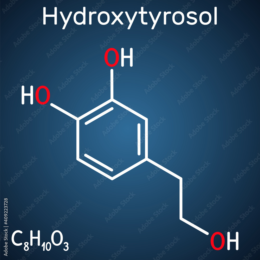 Hydroxytyrosol molecule. It is catechol, phenolic phytochemical occurring in extra virgin olive oil, with antioxidant, anti-inflammatory activities. Structural chemical formula, dark blue background Hydroxytyrosol molecule. It is catechol, phenolic phytochemical occurring in extra virgin olive oil, with antioxidant, anti-inflammatory activities. Structural chemical formula, dark blue background