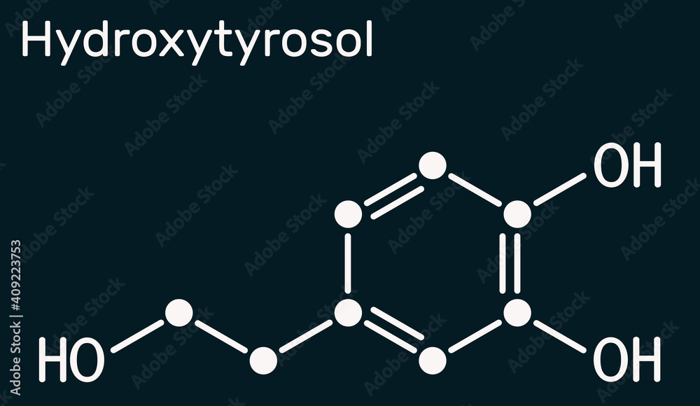 Hydroxytyrosol molecule. It is catechol, phenolic phytochemical occurring in extra virgin olive oil, with antioxidant, anti-inflammatory activities. Skeletal chemical formula, dark blue background Hydroxytyrosol molecule. It is catechol, phenolic phytochemical occurring in extra virgin olive oil, with antioxidant, anti-inflammatory activities. Skeletal chemical formula, dark blue background