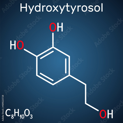 Hydroxytyrosol molecule. It is catechol, phenolic phytochemical occurring in extra virgin olive oil, with antioxidant, anti-inflammatory activities. Structural chemical formula, dark blue background