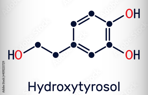 Hydroxytyrosol molecule. It is catechol, phenolic phytochemical occurring in extra virgin olive oil, with antioxidant, anti-inflammatory activities. Skeletal chemical formula