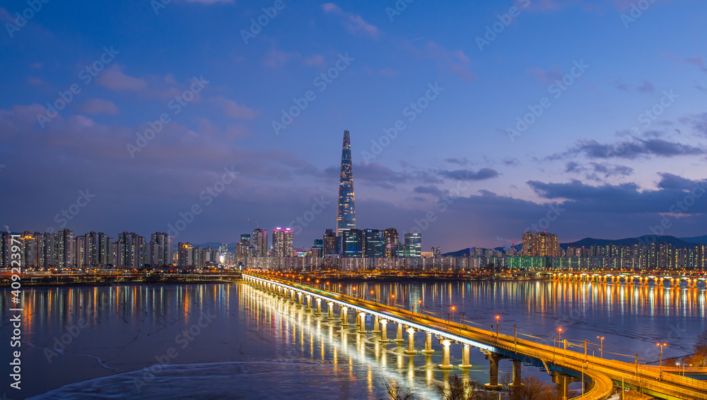 city skyline at night, Seoul South Korea.