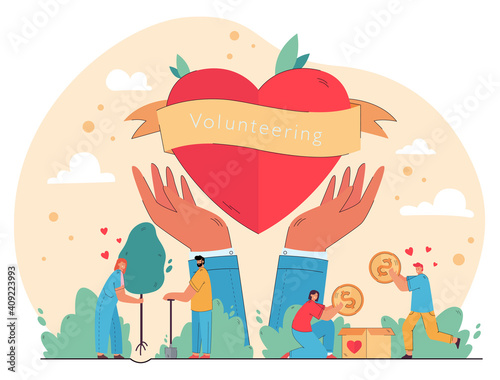 Fototapeta Naklejka Na Ścianę i Meble -  Happy people enjoying volunteering and giving help, packing cash into donation box, planting trees at heart In hands symbol. Vector illustration for charity, nature care, humanitarian aid concept