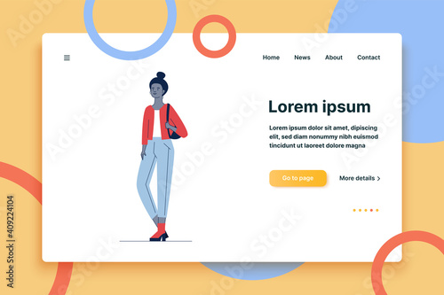 Cartoon black woman in casual with backpack. Full body of dark skinned female student flat vector illustration. Fashion, clothes concept for banner, website design or landing web page
